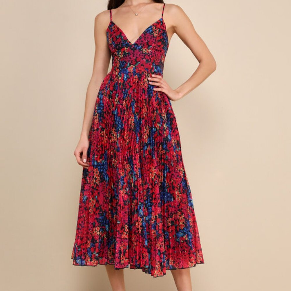 Lulu's Red Pink and Blue Floral Midi Dress